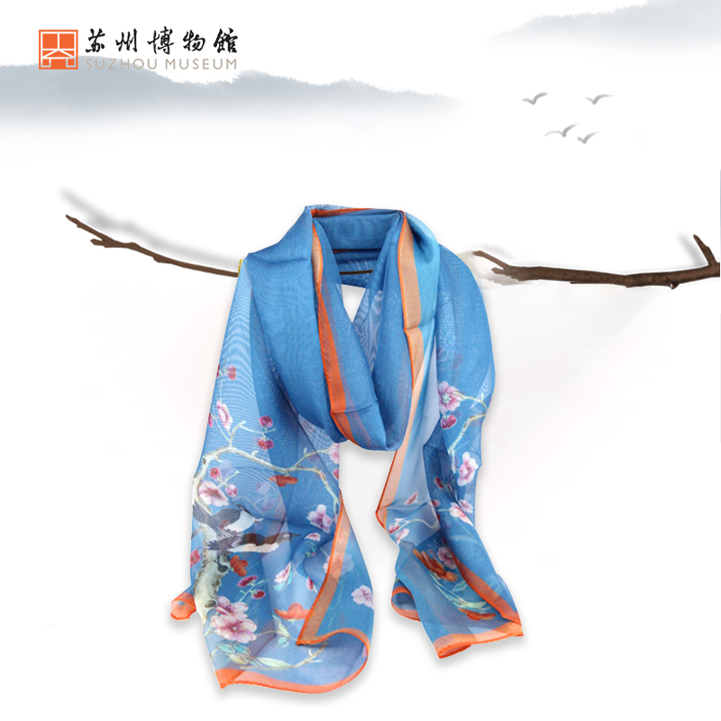 居仁堂粉彩瓷喜上眉梢真丝丝巾